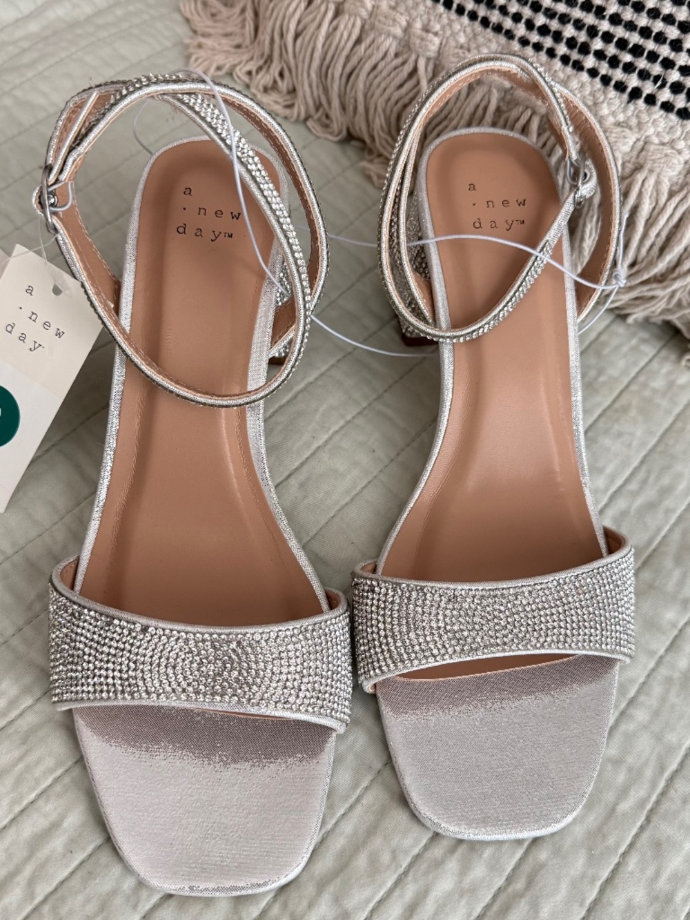 NWT A New Day Rhinestone Block Heel Sandals Silver Women's Size 9